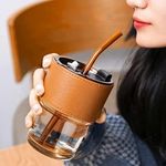 KELVEE Glass Reusable Sipper Bottle with Leather Sleeve Glass Coffee Mug with Silicone Straw and Leakproof Lid Tumbler for Coffee,Tea, Milk Beverages 435ml…