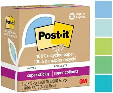 Post-it 100% Recycled Paper Super Sticky Notes, 2X The Sticking Power, 3x3 in, 5 Pads, 70 Sheets/Pad, Oasis Collection (654R-5SST)