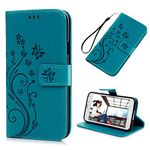 S5 Case, Galaxy S5 Case - Mavis's Diary Premium Wallet PU Leather with Fashion Embossed Floral Butterfly Magnetic Clasp Card Holders Flip Cover with Hand Strap (Blue)