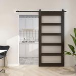 BARNSMITH 36in x 84in Glass Barn Door with 6.6FT Sliding Door Hardware Kit Included & Handle,5-Panel Frosted Glass Solid Wood Slab with Water-Proof PVC Surface,Pre-Drilled Easy Assembly,Brown