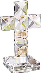 QFkris Crystal Cross Traditional Standing Cross On Base Clear 5'' Tall Glass Tabletop Cross Figurine Christian Decor