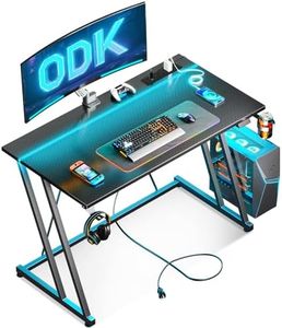 ODK Gaming Desk with LED Lights & Power Outlet, Computer Desk 100 x 50cm for Small Space, Gaming Table with Carbon Fiber Texture, Kids Computer Desk Boys Men, Black