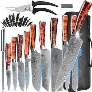 XYJ Professional Knife Sets for Master Chefs,Chef Knife Set with Bag,Case,Scissors,Culinary Kitchen Butcher Knives,Cooking Cutting for Women Men (Orange)