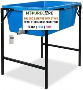 MYPURECORE 90L Dog Bath Tub with Stand – Raised Pet Bath Pool with Drain Plug & Hose Connector – Foldable Metal Frame for Indoor & Outdoor Use (Blue)