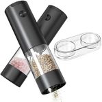CIRCLE JOY Electric Salt and Pepper Grinder Set Battery Powered Spice Mills with Base, Washable 95ml Transparent Container, White LED Light and Adjustable Coarseness, Black
