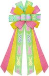 Large Easter Wreath Bows, Easter Rabbits Spots Strips Burlap Bows for Wreaths - Long Easter Green Yellow Pink Tree Topper Bows for Easter Home Garden Indoor Outdoor Decoration Wreath Ornament Supplies