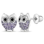 925 Sterling Silver Girls Purple Owl Themed Cubic Zirconia Earrings with Safety Screw Back, Best for Animal Lover Kids-Toddlers and Pre Teens. Go with any Outfits