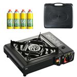 Camping Gas Stove Black with Hard Case and 4 Gas Can Cylinders Emergency Gas Shortage Kit for the Home or Outdoors