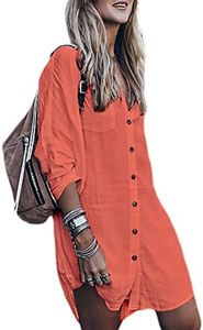 Bsubseach Womens Long Sleeve Linen Swimsuit Cover Up Button Down Beach Cover Ups Summer Swim Shirt Dresses Bright Orange