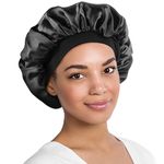 Silk Satin Bonnet, Adjustable Elastic Hair Bonnet for Women Girls Men Sleeping for Curly Thick Thin Braid Hair, Double Layer Lined Bonnets for Makeup Hair Care (Black)