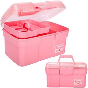 TERGOO 11in Mutipurpose Storage Box Organizer with Removable Tray, Portable Small Craft Box with Handle, Plastic Clear Tool Box Art Case for Makeup, Sewing, Nail, Hair Accessories (Pink)