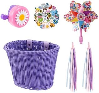 Kids Bike Basket, Bike Basket Front Bike Accessories for Girl Boys, Woven Bicycle Basket with Stickers, Bike Bell, Windmill, and 1pairs Colorful Ribbons Tassels(Purple Basket)