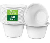 HOMURG Compostable 500ml Deep Paper Bowls Bulk 100 Count in White, Microwave Safe Sugarcane Disposable Soup Bowl 16 oz, Heavy Duty Birthday, Thanksgiving, Camping, Halloween, Christmas Party Bowl Set