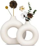 TIED RIBBONS Set of 2 Donut Vases (White, 8.5 & 6 Inches) for Flowers Plants Pampas Grass - Ceramic Vases Home Decoration Items for Living Room Centrepiece Office Table