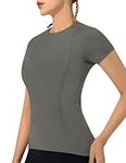 IECCP Workout Clothes for Women Short Sleeve Top Compression Tight Shirts Gym Athletic Yoga Running Summer Basic Tee Grey