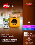 Avery Clear Glossy Round Labels, 2" Clear Round Labels, for Laser/Inkjet Printers, Transparent Glossy, Permanent, 96/Pack (22815) Made in Canada