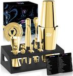 IOV Cocktail Shaker Set: 12-Piece Mixology Bartender Kit Bar Set | 16oz & 28oz Boston Shaker Drink Mixing Tools for Home with Recipe Booklet and Stand | Fun Housewarming Gift (Gold)