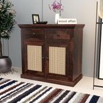 wood affair Small Wooden Cabinet for Living/Dining/Drawing/Bedroom & Office with 2 Drawers & Doors | Solid Wood Sheesham, Walnut Finish(Cane)