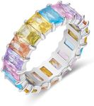 AFFY Eternity Rainbow Ring 18K White Gold Plated Emerald-Cut Multi Color AAA Created-Gemstone Rainbow Ring, Stackable Ring, Wedding Band for Women Gift For Her (Ring 1, Size 7)