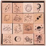 RisyPisy 16 Pieces Vintage Wooden Rubber Stamps, Universe & Galaxy Scrapbooking Decorative Rubber Stamp Set, Wood Mounted Rubber Stamps for Arts and Crafts, Journals, Card Making