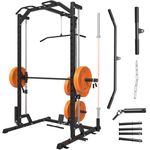 GMWD SmithΔ Machine, 1000LBS Power Cage with LAT Pull Down Pulley System and Cable Row, Multi-Function Squat Rack Cage with Black Bench, More Cable Attachments for Weight Cage Home Gym