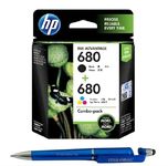 HP 680 Black & Colour (1 Pack of 2) Ink Cartridge with 3in1 Multi-Function Mobile Phone Stand, Stylus Pen, Anti-Metal Texture Rotating Ballpoint Pen (Very Colors)