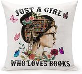 MKONY Just A Girl Who Loves Books Pillow Cover, Book Lover Gifts Decorative Throw Pillow Cover Linen Cushion Cover 18 X 18 Inches