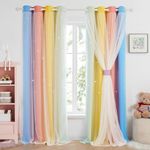 Deconovo Blackout Curtains for Living Room 52x84 Inch Hollow Out Star Pattern Eyelet Thermal Insulated Short Curtains with Net Sheer for Window Treatment with Tie Backs Colourful 2 Panels