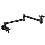 KRUZOO Pot Filler Kitchen Faucet Oil-Rubbed Bronze Solid Brass Folding Wall Mount Stretchable Double Joint Swing Arm Single Hole 2 Cross Handles Extending Arm，Bronze