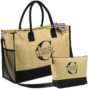 jewelora Tote Bag Personnalisable Sac Fourre Tout pour Femme avec Poches Sac de Plage Femme avec Nom pour Maman Maitresse Amie Mariées Sac Cabas pour Mariage Voyage Plage Vacances Noël (Lettre-4)