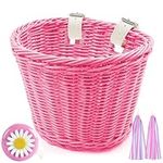 Mkuero Kids Bike Basket, Waterproof Plastic Woven Children Bicycle Basket, Suitable for Most Children's Bicycles and Kids Tricycles (Pink)