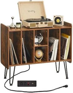 Large Record Player Stand with Vinyl Storage, Retro Brown Record Player Table with Power and USB Port, Holds Up to 200 Albums, Turntable Stand with Record Storage, Vinyl Record Player Storage Cabinet
