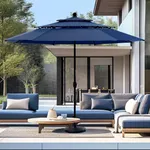 PHI VILLA 10ft Outdoor Patio Umbrellas for Outside, 3 Tier Vented Market Table Umbrella Windproof for Backyard, Deck, Garden, 1.5" Pole, Dark Blue（No Base）