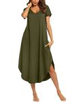 Ekouaer Nightdress Women'S Short Sleeve Summer Women'S Nightdress Long Sleepwear V-Neck Sleep Shirt Nightwear Summer Loungewear Night Dress Comfortable, B-Army Green, M