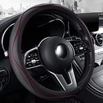 Microfiber Leather 15" Universal Fit Car Steering Wheel Cover, Elastic Breathable and Odorless, Black with Red Accent