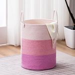 Brishtl® Woven Rope Laundry Hamper Basket, Baby Nursery Hamper For Blanket Storage, Clothes Hamper For Laundry In Bedroom,Hall ( Tall (72L) (16"X16"X22"),(Pink))