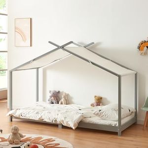 [en.casa] Cama para Niños Brome con Techo de Textil Desmontable Cama Infantil Individual con Somier Estructura en Forma de Casa Estilo Montessori 90 x 200 cm Madera Pino - Gris y Blanco