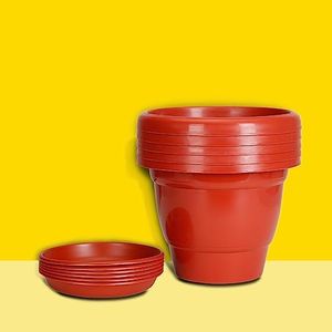 Kraft Seeds by 10CLUB Gamla Pots with Bottom Plates - 5 Pcs (8 Inch, Red) | Garden Planters with Drain Holes for Home Plants | Outdoor Balcony Pots | Drip Tray Pots | Plastic Pots with Drainage Holes