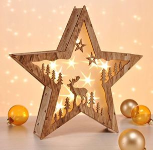 LED Decorative Light Star Made of Wood 30 cm – Reindeer – Decorative Stand Warm White Illuminated – Christmas Advent Winter Star Table Decoration Lighting Battery Operated