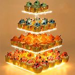 YestBuy 4 Tier Cupcake Stand Acrylic Cupcake Tower Display with LED Light Premium Cupcake Holder Dessert Tree Tower for Birthday Cady Bar Party Décor Weddings, Birthday Parties Events (Yellow Light)