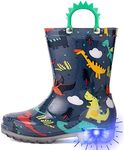 Outee Toddler Boys Rain Boots Little Kids Baby Light Up Printed Waterproof Mud Shoes Blue Dinosaur Lightweight Rubber Adorable with Easy-On Handles Non Slip (Size 12,BLue)