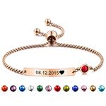 MeMeDIY Personalized Birthstone Bracelets Customized Gift Birthday Engraving for Women Girl Girlfriend Mom Auntie Sister Best Friend Stainless Steel Friendship Adjustable (Rose-Gold Color)