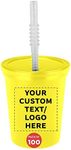 Custom Plastic Cups with Lid and Straw 16 oz. Set of 100, Personalized Bulk Pack - Perfect for Summer, Sporting Events, Birthdays, Weddings, Picnic, Beach, Parties - Yellow