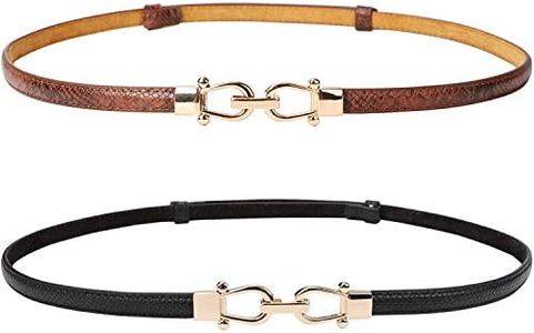 JASGOOD Leather Skinny Women Belt Thin Waist Belts for Dresses up to 37 Inches with Golden Buckle 2 Pack, B-black+brown, Waist size below 37'' (JA020)
