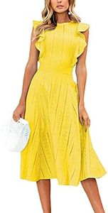 ECOWISH Womens Dresses Elegant Wedding Cocktail Ruffles Cap Sleeves Summer A-Line Midi Dress Yellow Small