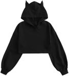 WDIRARA Girl's Long Sleeve Cute Cat Ear Crop Hoodie Sweatshirt Tops Shirt Pure Black 11-12Y