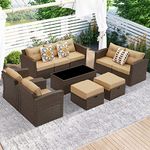 LOCCUS 9 Seater Rattan Wicker Outdoor Conversation Sectional Sofa Set Furniture for Garden Terrace All Weather Waterproof Cushions Center Table (Brown & Beige)