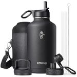 Insulated Water Bottle 2L, Coolflask Water Bottle with Straw & 3 Lids, Stainless Steel Insulated Water Bottle for Sports or Office, Double Vacuum Leak Proof Cold and Hot Water Bottle, Black