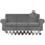 WEERRW 4 Pieces Velvet High Stretch Couch Covers for 3 Cushion Couch Sofa Slipcovers, Washable Furniture Protector with Non Slip Elastic Bottom, Feature Soft and Thick Plush Fabric, Light Grey, Large