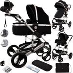 Baby Pram Pushchair Buggy with Car Seat Lightweight Stroller Folding Strollers 3 in1 Travel System Baby Trolley Pram for Newborns Toddlers from Birtn (Black - Silver Frame)
